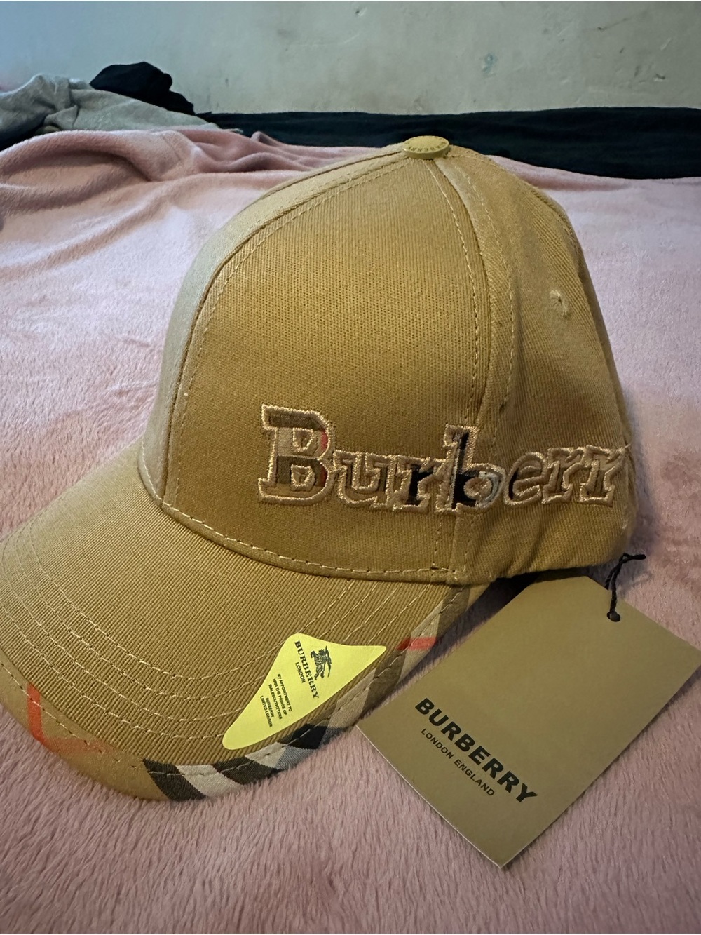 Burberry Khaki Embroidered Logo Baseball Cap with Check Trim